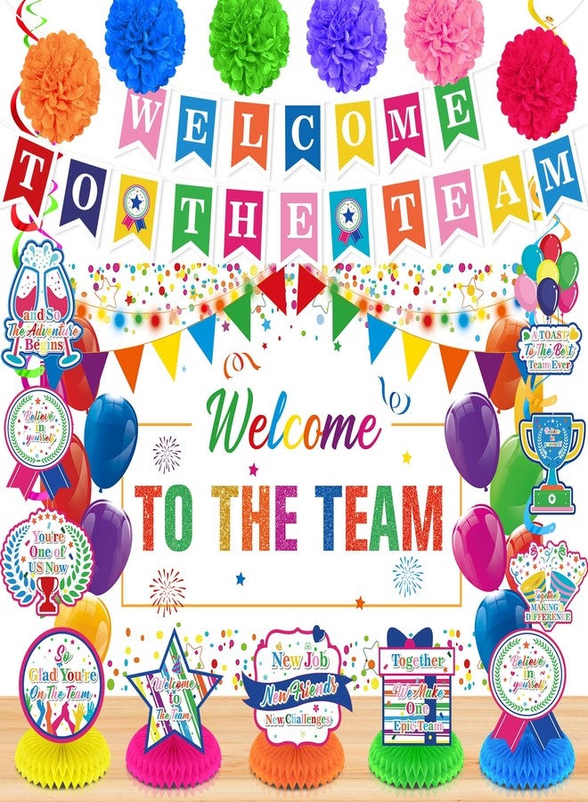 Woosytoo Welcome To The Team Decorations Banner Colorful Glittery Welcome Sign Hanging Decorations New Employee Banner, Honeycomb Centerpieces, Paper Pompoms for School Classroom Teacher Doctor Office - Image 1